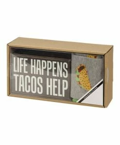 New 🤩 Primitives By Kathy Gray & Black Taco 'Life Happens Tacos Help' Box Sign & 🧦 Socks - Adult For Home & Garden ⌛